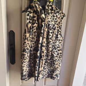 Leopard Faux Fur Button Up Vest Reversible 3/4 Length
